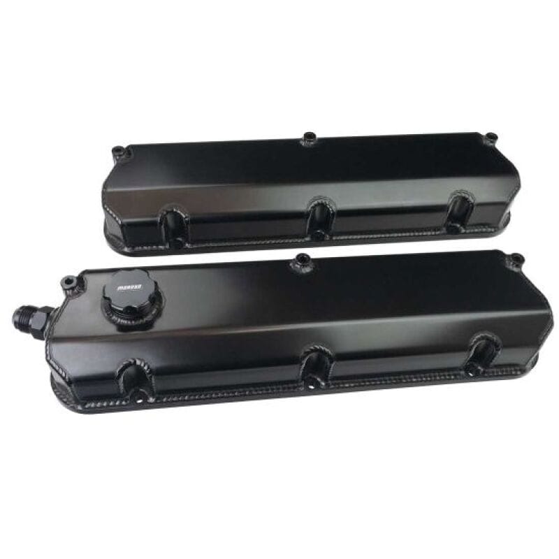 Moroso — Moroso Ford 302/351W 2-3/4in Tall Aluminum Valve Covers - Black (w/-12AN Vac Fitting & Oil Fill)