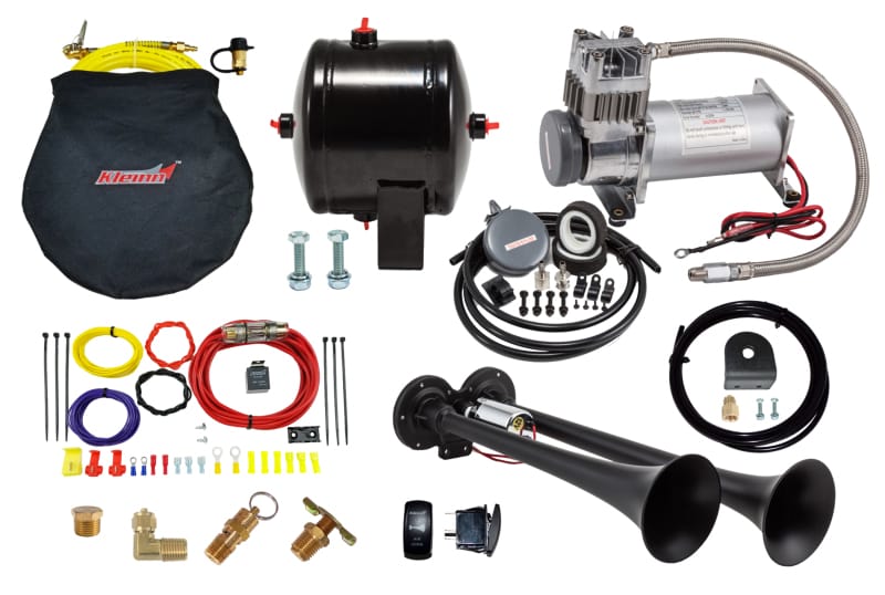 Kleinn Air Horns — Kleinn Dual Black Horn Kit w/ 150 PSI Waterproof 0.5 gal Air Tank
Air Horn Comprsr Kit