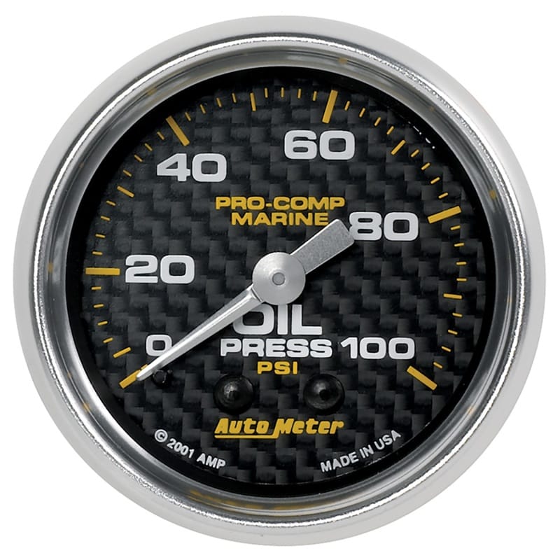 AutoMeter — Autometer Marine Carbon Fiber Ultra-Lite 2-1/16in 100PSI Mechanical Oil Pressure Gauge
GA 2" OP 100 M MCF