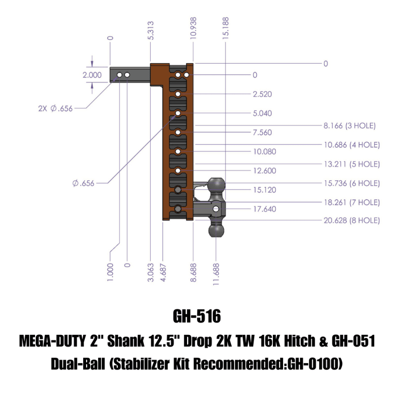 GEN-Y Hitch — Gen-Y Mega Duty 2in Shank 12.5in Drop 16K Hitch w/GH-051 Dual-Ball
Drop Hitch