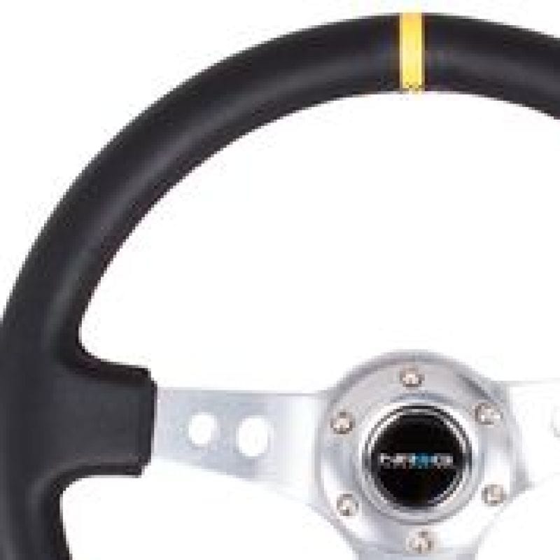 NRG — NRG Reinforced Steering Wheel (350mm / 3in. Deep) Blk Leather w/Circle Cut Spokes & Single Yellow CM