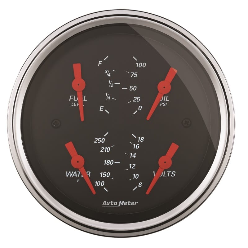 AutoMeter — Autometer Designer Black 3.375in Quad Gauge - Fuel Level / Oil Pressure / Water Temp. / Voltmeter
GA 3.4" QUAD 0-90 DB