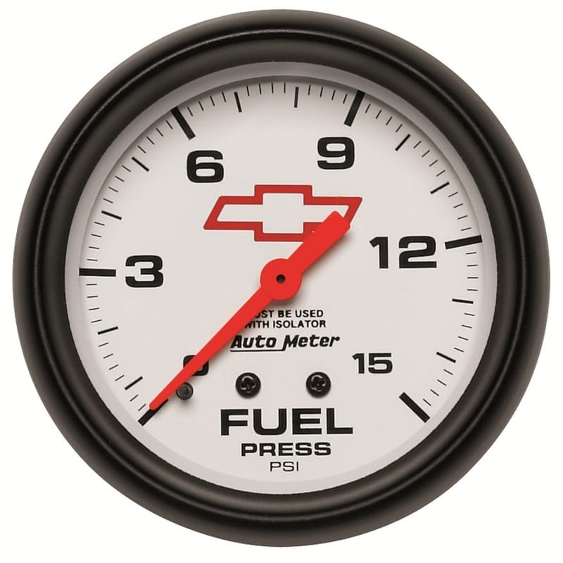 AutoMeter — AutoMeter Gauge Fuel Press 2-5/8in. 15PSI Mech W/Isolator Chevy Red Bowtie White
2-5/8" FUEL PRESS, 0
