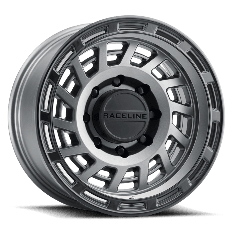 Raceline — Raceline 957GB Halo 17x8.5in / 6x139.7 BP / 0mm Offset / 106.1mm Bore - Gunmetal & Black Lip Wheel