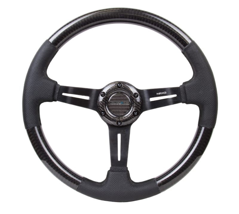 NRG — NRG Carbon Fiber Steering Wheel (350mm / 1.5in. Deep) Leather Trim w/Blk Stitch & Slit Cutout Spokes