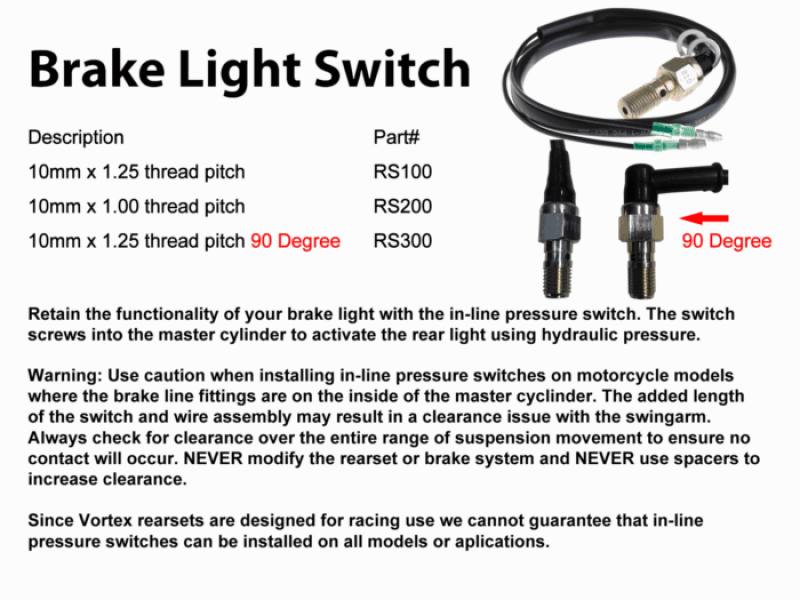 Vortex Racing — Vortex Racing Rearsets Replacement Brake Light Press Switch M10 x 1.00