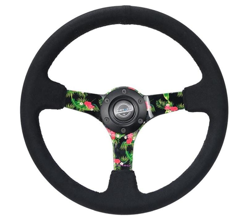 NRG — NRG Reinforced Steering Wheel (350mm / 3in. Deep) Black Suede w/ 5mm Floral 3-Spoke Center