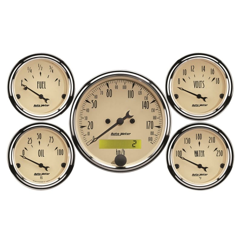 AutoMeter — Autometer Antique Beige 5-Gauge Kit 3-1/8in Electrical Speedometer 190KPH
GA KT 5PC E SPD K AB