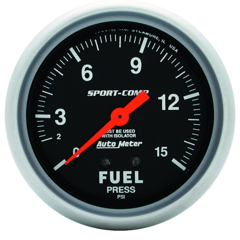 AutoMeter — AutoMeter Gauge Fuel Pressure 2-5/8in. 15PSI Mechanical W/Isolator Sport-Comp
2-5/8" FUEL PRESS, 0