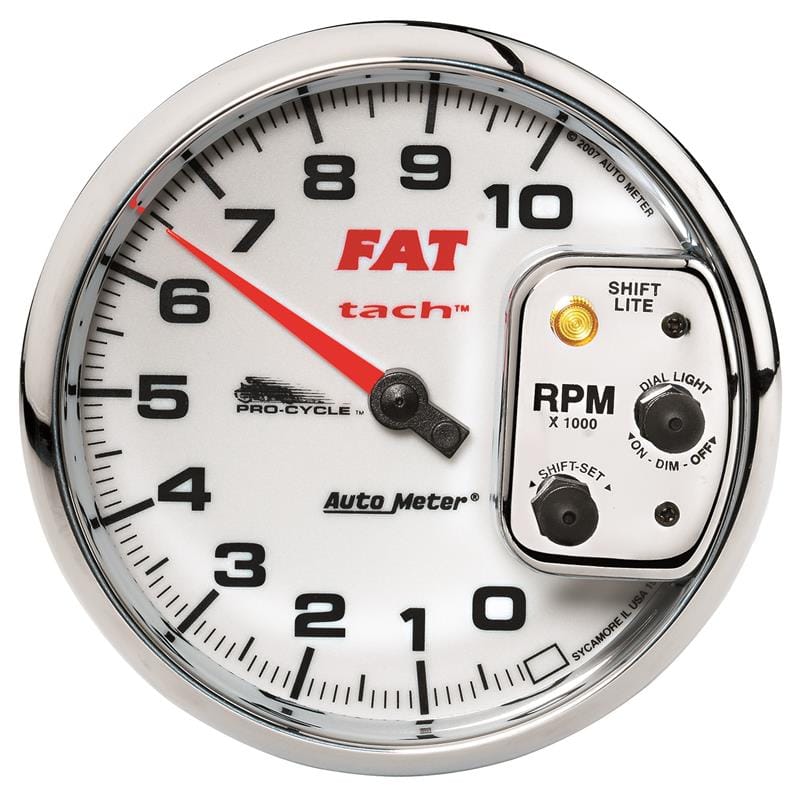 AutoMeter — Autometer Pro-Cycle Gauge Tach 5in 10K Rpm Shift- Lite 2&4 Cylinder White Fat Tach
5" 10KRPM SL FAT PC
