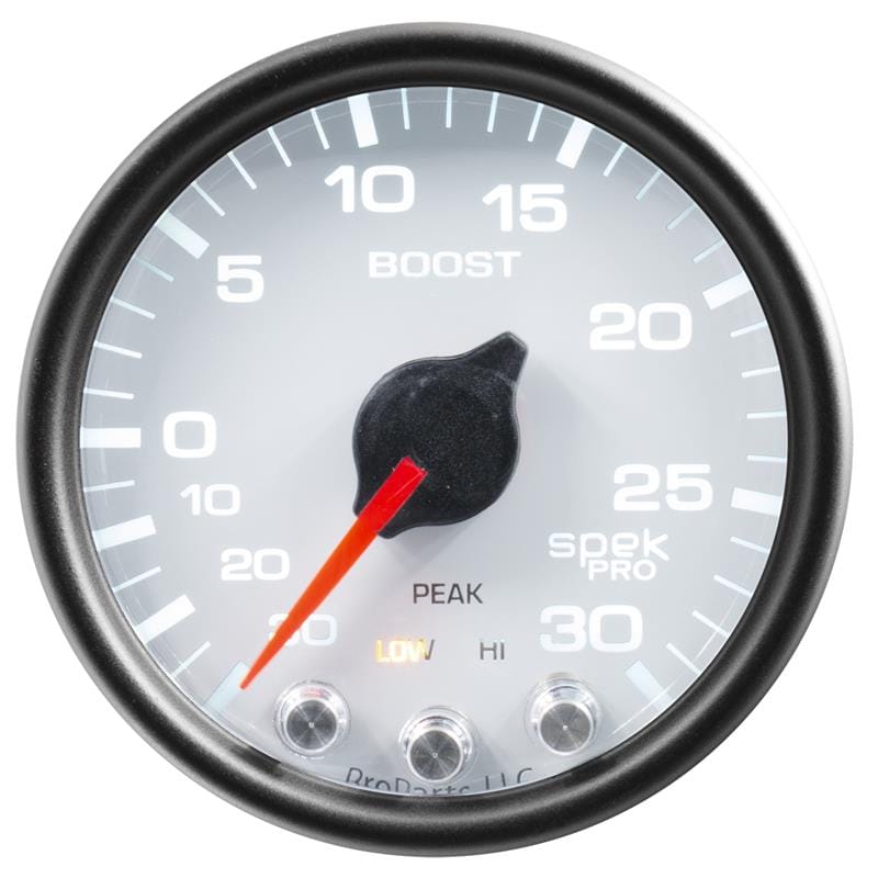 AutoMeter — GAUGE, VAC/BOOST, 2 1/16", 30INHG-30PSI, STEPPER MOTOR W/PK & WRN, WHT/BLK, SPEK