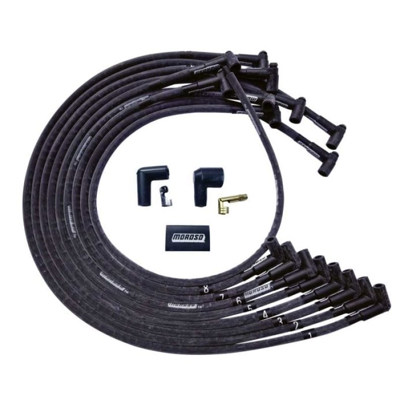 Moroso — Moroso BBC Under Header 90 Deg Plug End HEI Sleeved Ultra Spark Plug Wire Set - Black