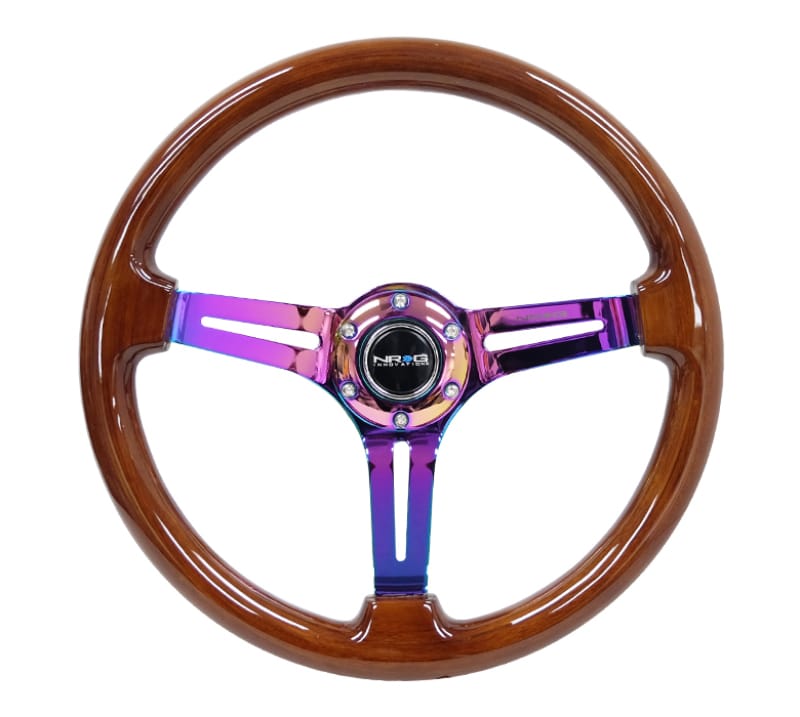 NRG — NRG Reinforced Steering Wheel (350mm / 3in. Deep) Brown Wood w/Blk Matte Spoke/Neochrome Center Mark