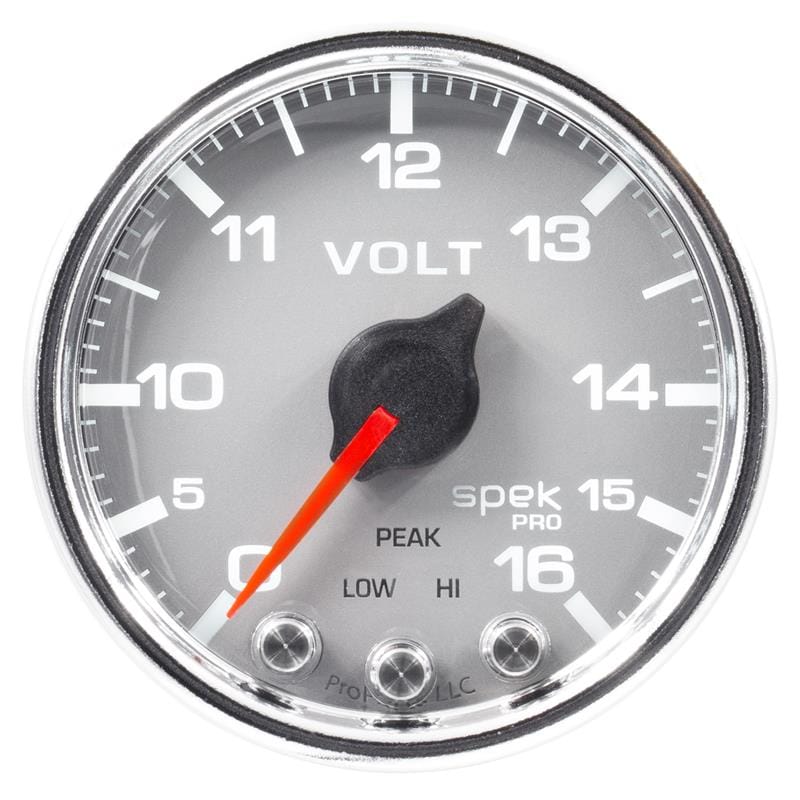 AutoMeter — Autometer Spek-Pro Gauge Voltmeter 2 1/16in 16V Stepper Motor W/Peak & Warn Slvr/Chrm
GA 2" VOLT SCC SPEK