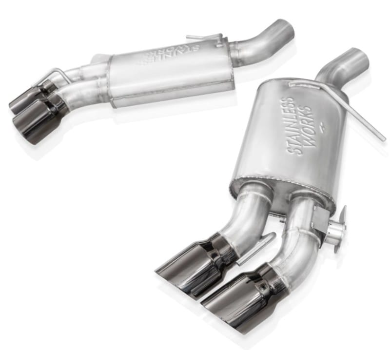Stainless Works — Stainless Works 16-21 Camaro SS 3in Legend Factory Connect Axle Back w/Valve - 4in Quad Black Tips