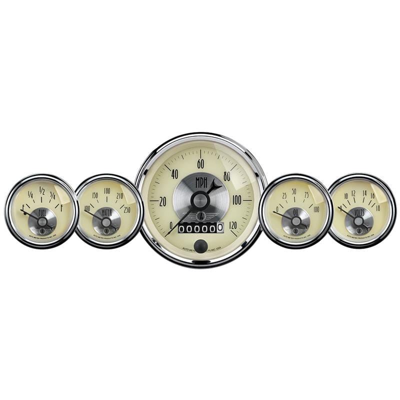 AutoMeter — AutoMeter Gauge Kit 5 Pc 3-3/8in. & 2-1/16in. Elec Speedo W/Wheel Odo Prestige Antique. Ivory
