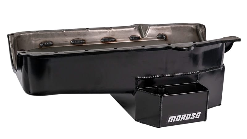 Moroso — Moroso 86-Up Chevrolet Small Block (w/1 Pc Seal) Road Race Wet Sump 7qt 7.5in Steel Oil Pan - Black