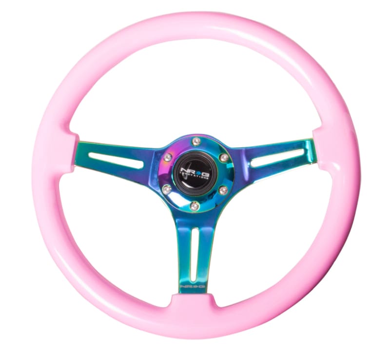 NRG — NRG Classic Wood Grain Steering Wheel (350mm) Solid Pink Painted Grip w/Neochrome 3-Spoke Center