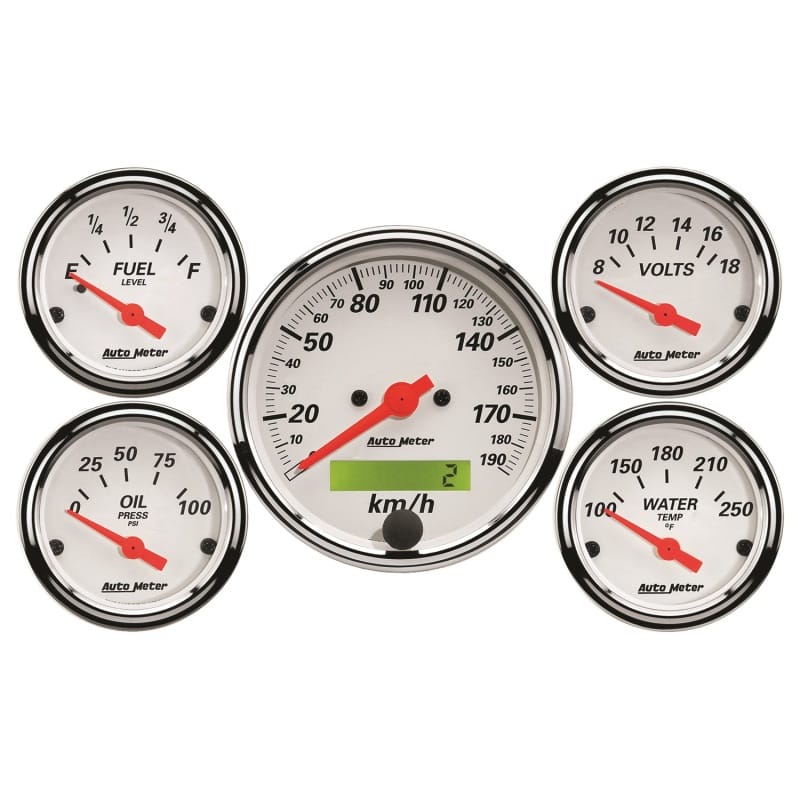 AutoMeter — Autometer Arctic White 5 Pc Kit Box w/ Elec KMH Speedo, Elec Oil Press, Water Temp, Volt, Fuel Level
GA KT 5PC E SPD K AW
