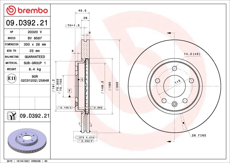 Brembo OE — Brembo OE 14-15 Chevrolet Cruze/19-22 Equinox/Malibu/21-24 Trailblazer UV Coated Brake Disc - Front