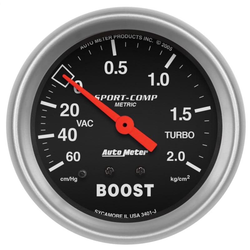 AutoMeter — Autometer Sport-Comp 66.7mm METRIC 60 cm/Hg-2.0 Kg/Cm2 Mechanical Vacuum/Boost Gauge
2-5/8" BOOST-VAC/PRE