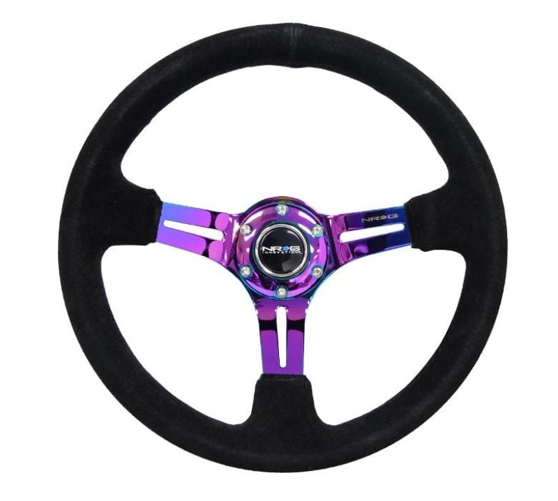 NRG — NRG Reinforced Steering Wheel (350mm / 3in. Deep) Blk Suede/Red Stitch w/Neochrome Slits