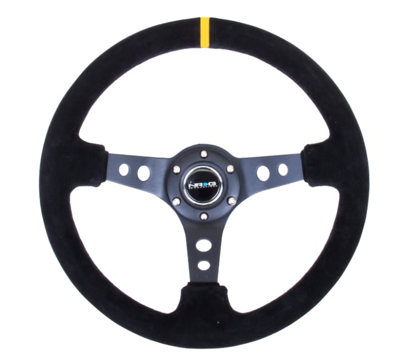 NRG — NRG Reinforced Steering Wheel (350mm / 3in. Deep) Blk Suede w/Circle Cut Spokes & Single Yellow CM