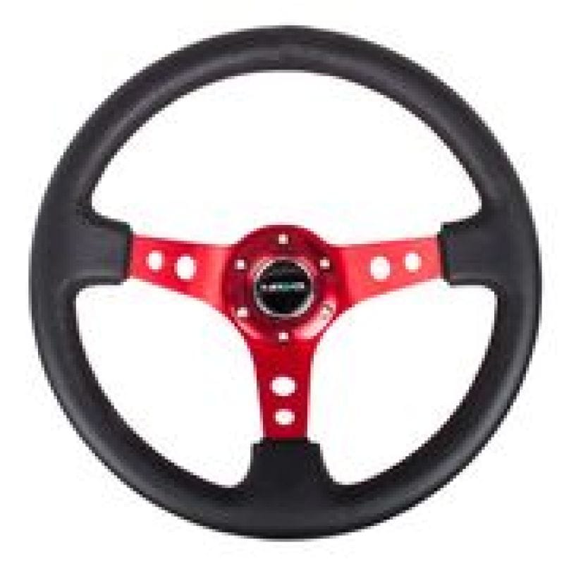 NRG — NRG Reinforced Steering Wheel (350mm / 3in. Deep) Blk Leather w/Red Circle Cutout Spokes