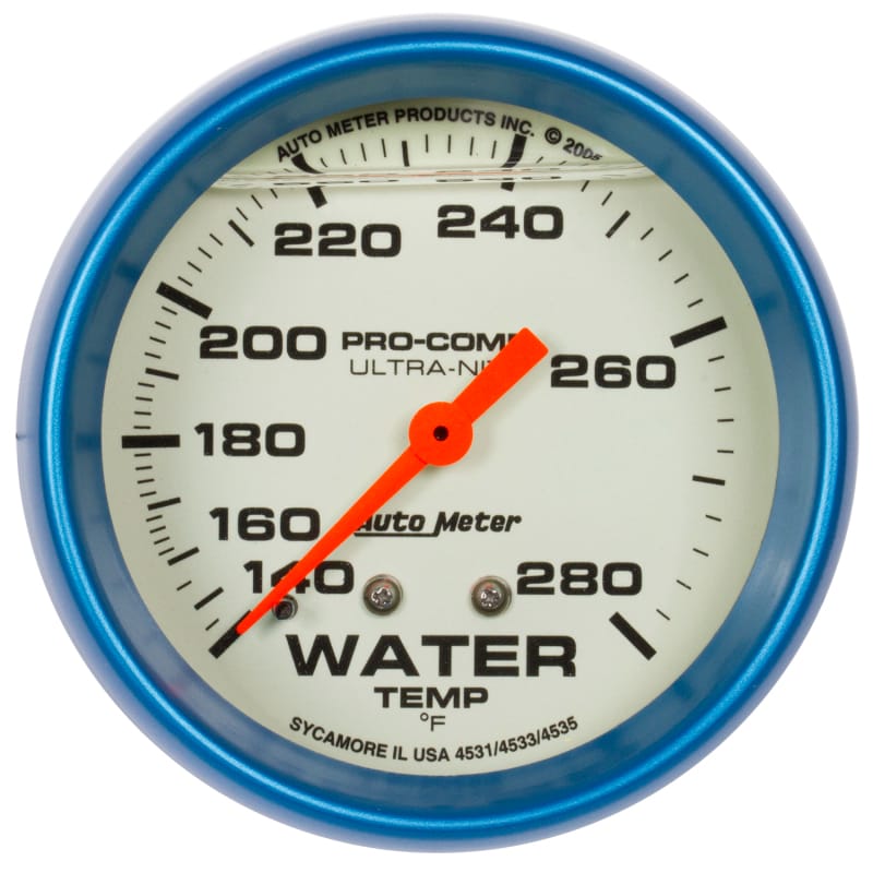 AutoMeter — AutoMeter Gauge Wtemp 2-5/8in. 140-280 Deg. F Liq Filled Mech 4ft. Glow In Dark Ultra-Nite
GA 2.6" WT 280F L UN