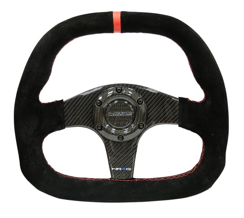NRG — NRG Carbon Fiber Steering Wheel (320mm) Flat Btm. Blk Suede/Red Stitch w/CF Spokes & Red Center Mark