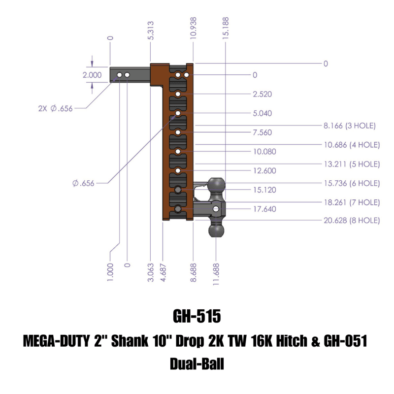 GEN-Y Hitch — Gen-Y Mega Duty 2in Shank 10in Drop 2K TW 16K Hitch w/GH-051 Dual-Ball
Drop Hitch