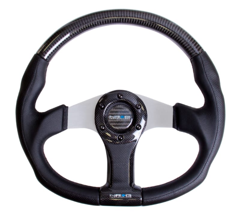 NRG — NRG Carbon Fiber Steering Wheel (350mm) Silver Oval Shape w/Leather Trim