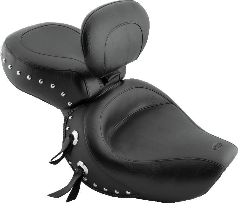Mustang Motorcycle — Wide Touring One-Piece Seat w/Driver Backrest, Chrome Studded w/Conchos