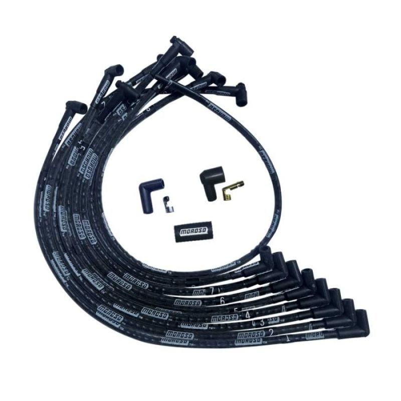 Moroso — Moroso SBC Over Valve Cover 90 Deg Plug End HEI Sleeved Ultra Spark Plug Wire Set - Black