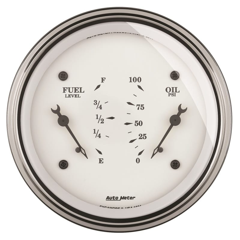 AutoMeter — AutoMeter Gauge Dual Fuel & Oilp 3-3/8in. 240 Ohm(e) to 33 Ohm(f) & 100PSI Elec Old Tyme Wht
3-3/8" DUAL, FUEL LE