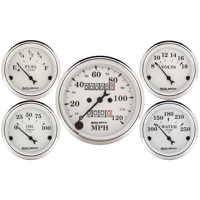 AutoMeter — Auto Meter Speedometer 3-1/8in and 2-1/16in Mechanical 5-Piece Old Tyme White Gauge Kit
OLD TYME WHITE 5 PC.