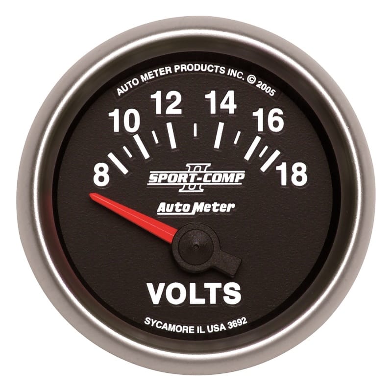 AutoMeter — Autometer Sport-Comp II 52mm 8-18 Volt Short Sweep Electronic Voltmeter
2-1/16" VOLTMETER, 8