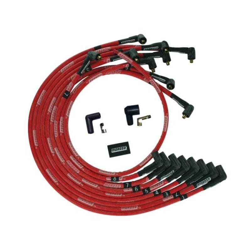 Moroso — Moroso BBC Under Header 90 Deg Plug Boots Non-HEI Sleeved Ultra Spark Plug Wire Set - Red