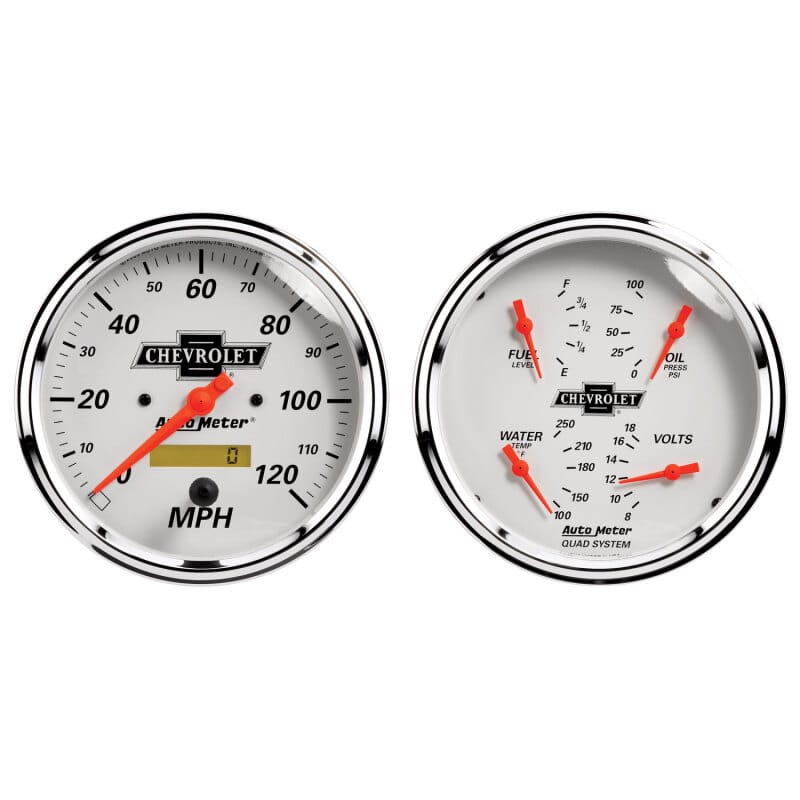 AutoMeter — AutoMeter Gauge Kit 2 Pc. Quad & Speedometer 5in. Chevrolet Heritage Bowtie
GA KT 5" QUAD/SPD CV