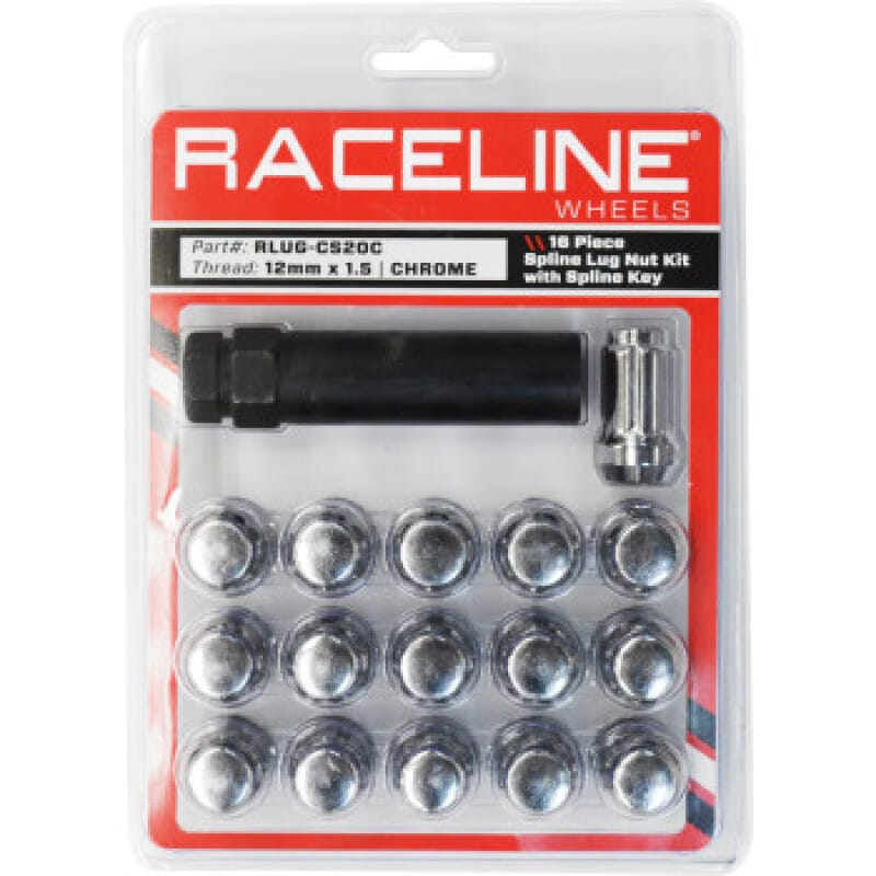 Raceline — Raceline Spline Lug Nut Kit with Spline Key 12 x 1.5 - 16 Pack - Chrome