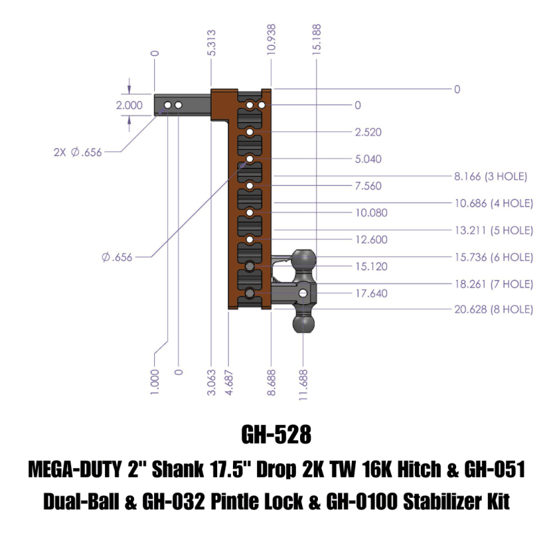 GEN-Y Hitch — Gen-Y Mega Duty 2in Shank 17.5in Drop 16K Hitch w/Dual-Ball/Pintle Lock/Stabilizer Kit
Drop Hitch
