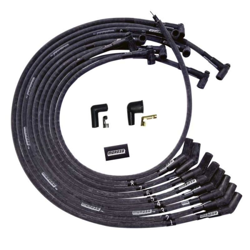 Moroso — Moroso BBC Under Header Sleeved 135 Plug End HEI Ultra Spark Plug Wire Set - Black