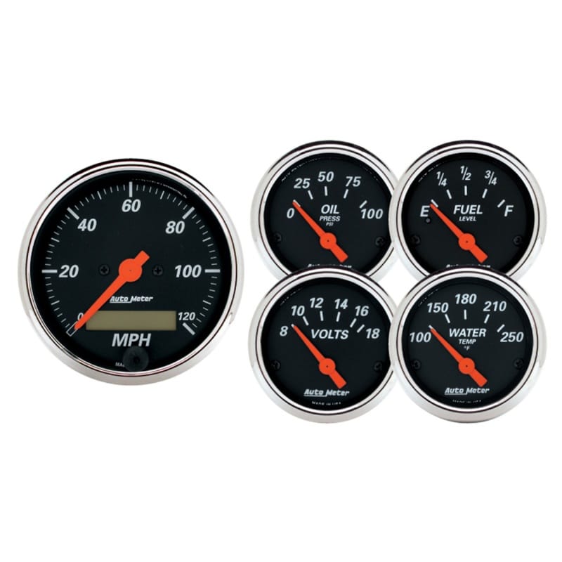 AutoMeter — Autometer Designer 3-3/8in & 2-1/16in Kit Box-Elec Speedo & Elec Oil Press H2O Temp Volt Fuel Level
GA SET 5PC E SPD DB