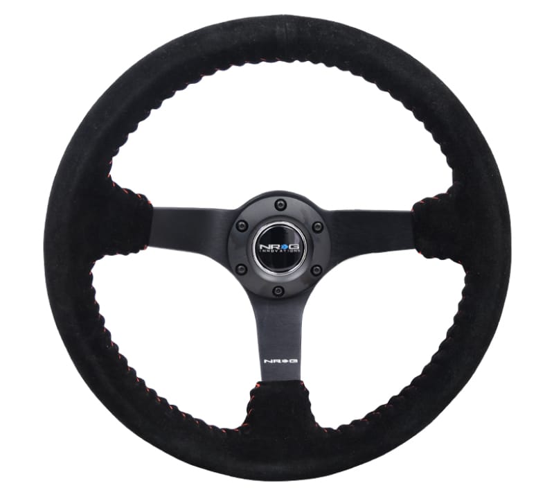 NRG — NRG Reinforced Steering Wheel (350mm / 3in. Deep) Blk Suede/Red BBall Stitch w/5mm Matte Blk Spokes