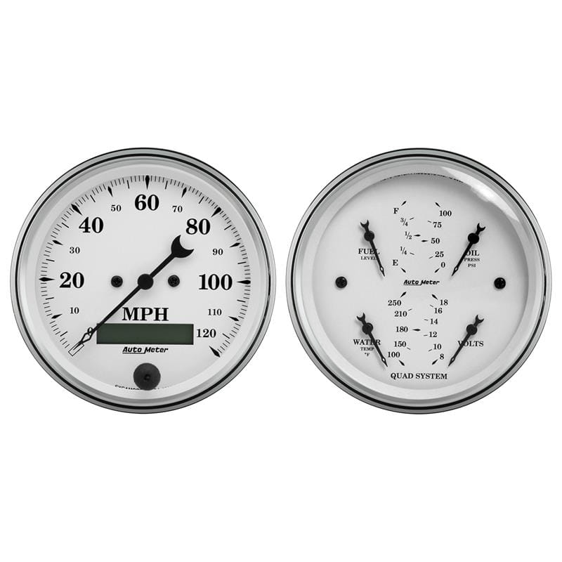 AutoMeter — AutoMeter Gauge Kit 2 Pc. Quad & Speedometer 3-3/8in. Old Tyme White
3-3/8" QUAD GAUGE &