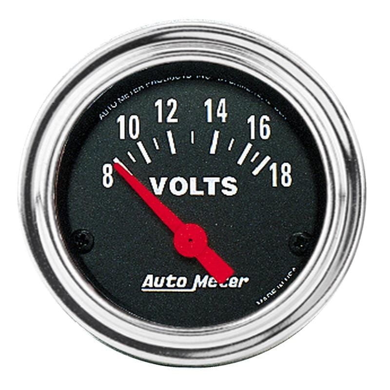 AutoMeter — Autometer Traditional Chrome 52mm 8-18 Volts Short Sweep Electrical Voltmeter
2" VOLTMETER, 8-18 V