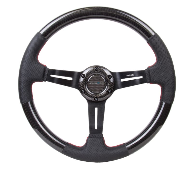 NRG — NRG Carbon Fiber Steering Wheel (350mm /1.5in. Deep) Leather Trim w/Red Stitch & Slit Cutout Spokes