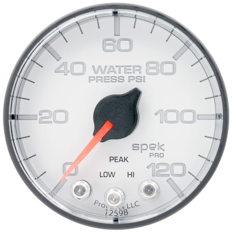 AutoMeter — Autometer Spek-Pro 2 1/16in 120PSI Stepper Motor W/Peak & Warn White/Black Water Pressure Gauge
GA 2" WP 120 WFB SPK