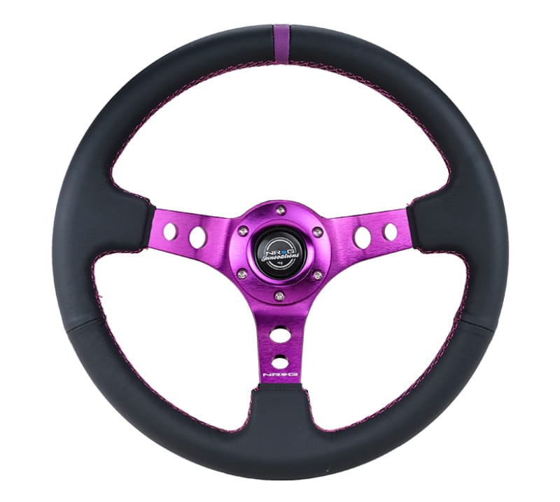 NRG — NRG Reinforced Steering Wheel (350mm / 3in. Deep) Black Leather w/Purple Center & Purple Stitching