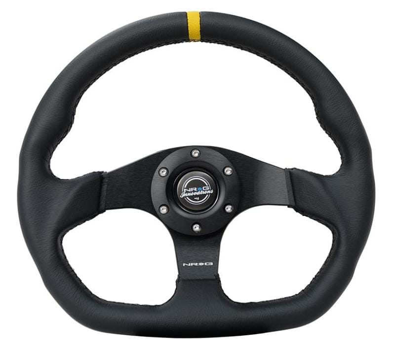 NRG — NRG Reinforced Steering Wheel (320mm) Sport Leather Flat Bottom w/ Yellow Center Mark